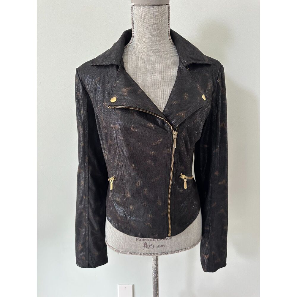 Rock & Republic Asymmetrical Moto Jacket Black Gold Faux Leather Snakeskin Large